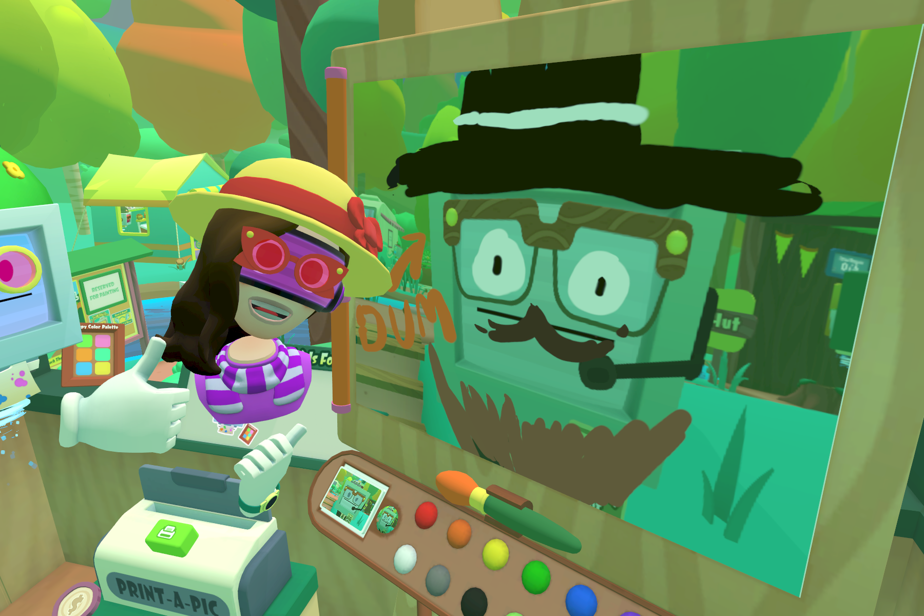 A picture of Efficiency Bot with my doodles over in Vacation Simulator.